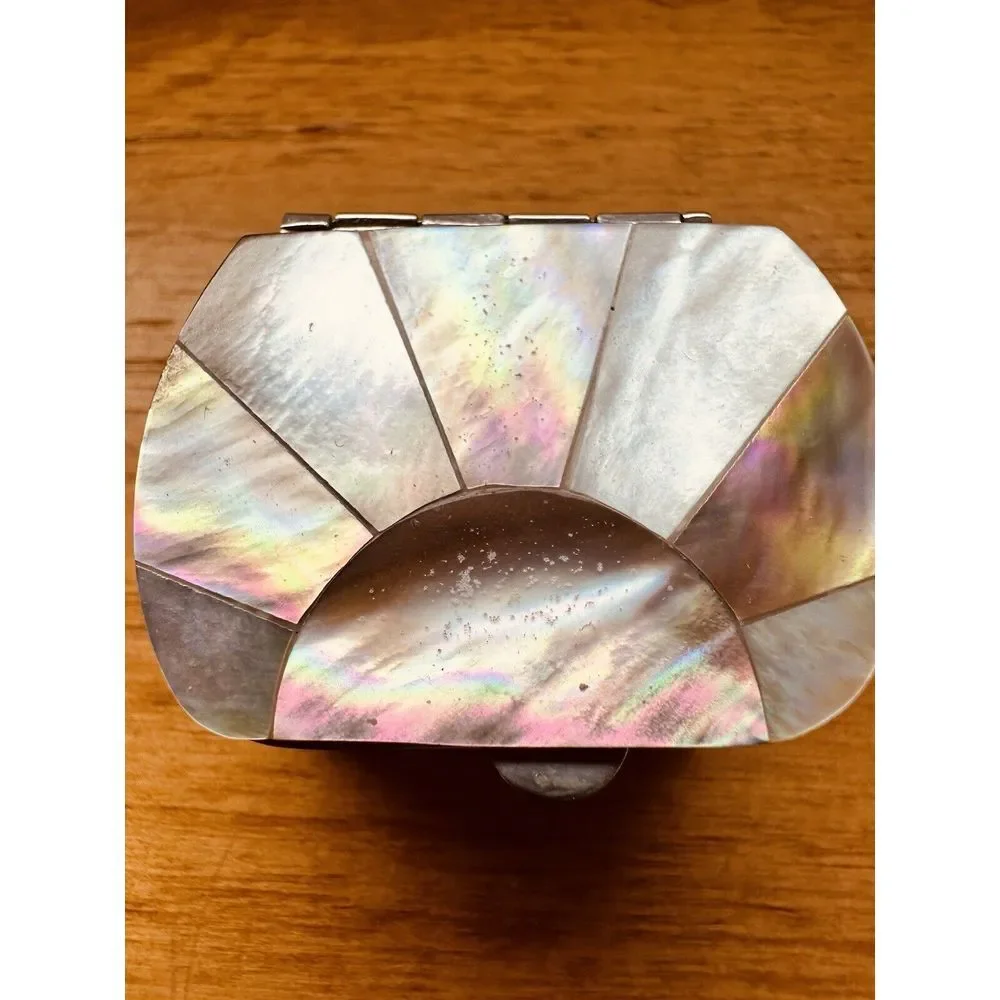 Beautiful Abalone Mother Of Pearl Small Trinket Jewelry Snuff‎ Box Stainless VTG